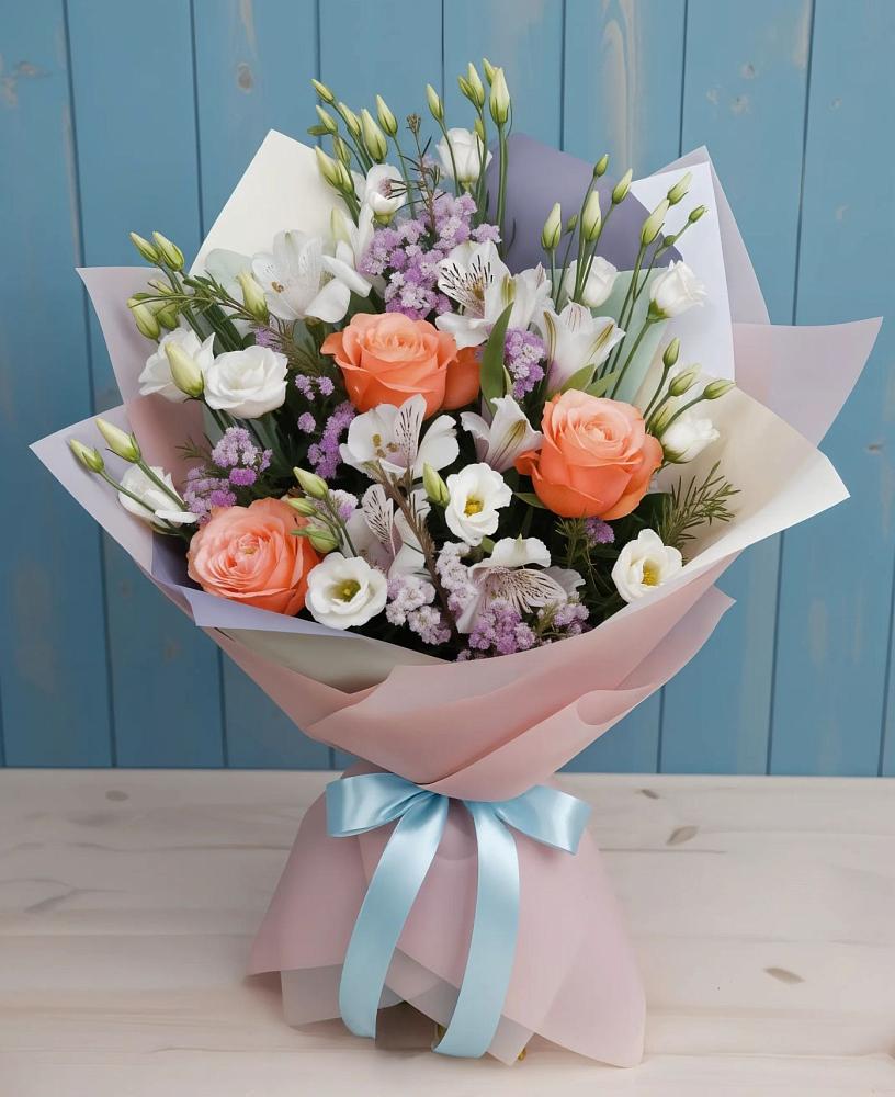 Букет цветов из: Лизиантусы, Розы, Альстромерии и Гипсофила в Комаричах